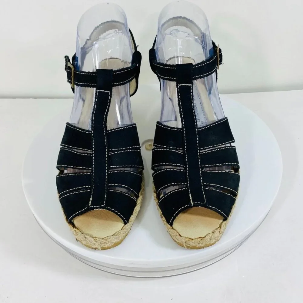 Andre Assous Espadrilles Leather Sandals Womens‎ 8 Black Wedge T-Strap Buckle